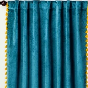 Opalhouse velvet curtains emerald green with mustard yellow fringe. 2 panels